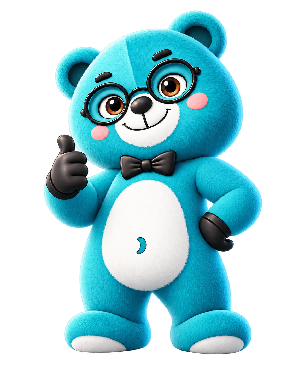 Maskot BeONE Mobile berwarna turquoise menunjukkan ibu jari dengan seluruh badan kelihatan
