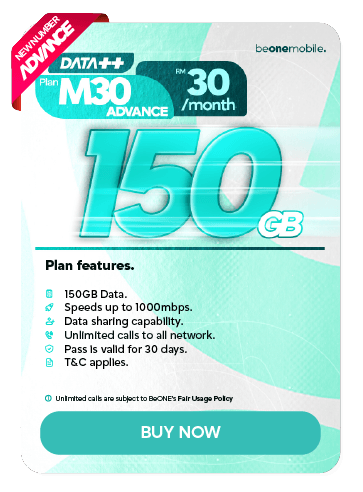 Pelan M30 Advance New Number 150GB Beone Mobile